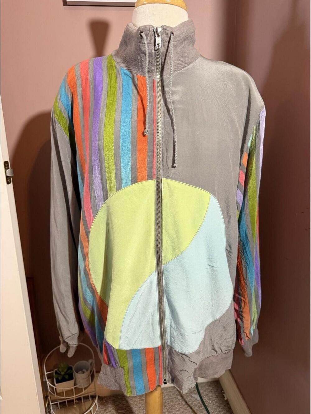 Vintage 100% Silk Full Zip Jacket Womens XL Gray Multicolor Stripe Colorblock